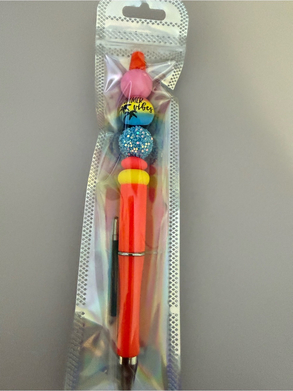 Beaded pen, neon, orange, multicolored beads, beach vibes